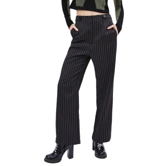 Cider Pants - Cider Women’s Medium Pin Striped Button Front Straight Leg Pants Black White New